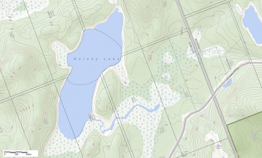 Topographical Map of Kelsey Lake in Municipality of Armour and the District of Parry Sound